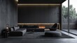 © Soontorn - An elegant black living room, with minimalist furnishings and a monochromatic color scheme, creating a sleek and sophisticated ambiance.