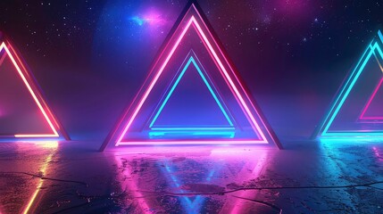 Wall Mural - background abstract stage show fashion style retro 80's light ultraviolet space empty shape triangle frame triangular neon pink blue render 3d three-dimensional blank banner glow line eclipse black.