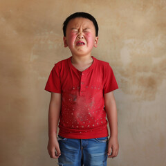 Wall Mural - Close up of sad crying boy on solid background