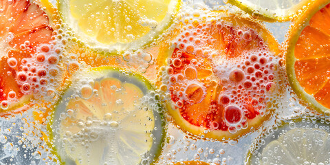 Wall Mural - High-resolution image of citrus slices and sparkling water, providing a refreshing and vibrant backdrop, ideal for summer drinks or infused water 