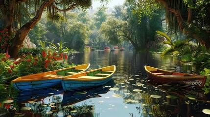 Wall Mural - tranquil river landscape with colorful boats and lush greenery ai generated