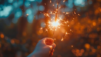Image of a hand holding sparklers in a vibrant, festive setting, symbolizing celebration and joy amidst twinkling lights and bokeh background.