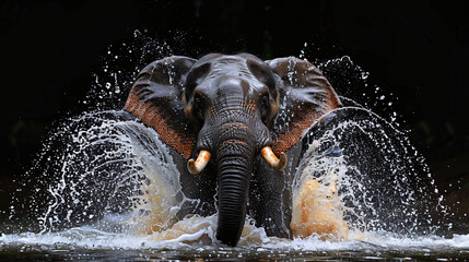 An Asian elephant is enjoying his bath on Black background