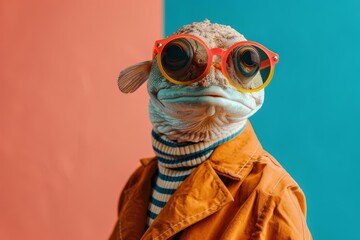 Wall Mural - Image of stylish Eel in trendy sunglasses and outfit looking at camera against two colored background, Copyspace