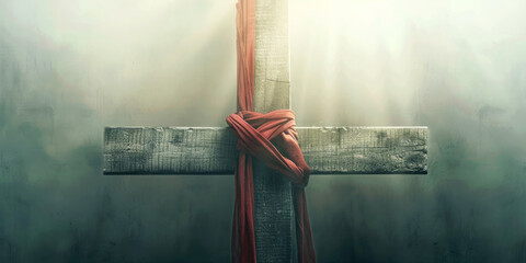 Sticker - The Cross and the Red Cloth: Love and Sacrifice. Wooden cross with red cloth on dark background with light. 