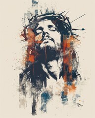 Sticker - Jesus Christ. Grunge illustration of pensive Jesus.