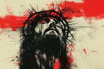 Wall Mural - Jesus Christ with crown of thorns on red and white grunge background.