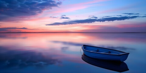 Wall Mural - The serene boat under a vibrant evening sky. Concept Nature, Boats, Sunset, Photography, Landscape