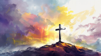 Wall Mural - Cross on Hill with Colorful Sky in Abstract Style	