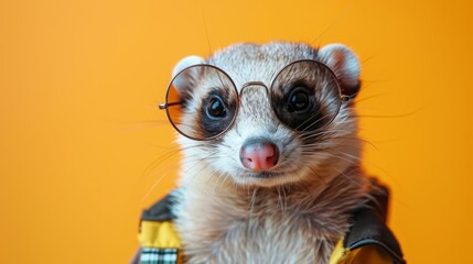 Wall Mural - Image of stylish Ferret in trendy sunglasses and outfit looking at camera against two colored background, Copyspace