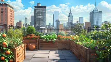 Wall Mural - urban rooftop vegetable garden with raised beds digital illustration