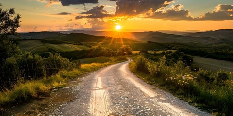 Wall Mural - Scenic Sunset in Val di Cecina, Tuscany, Italy A Captivating Country Road. Concept Sunset Photography, Tuscany Landscapes, Italian Countryside, Scenic Road Views, Val di Cecina Beauty
