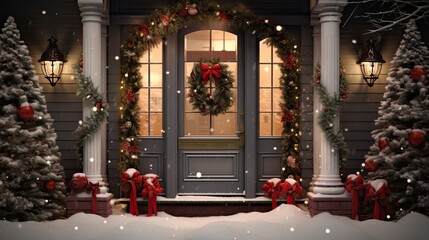 Poster - door of house decorated for christmas