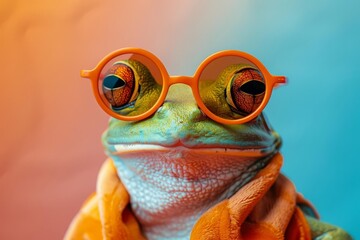 Wall Mural - Image of stylish Frog in trendy sunglasses and outfit looking at camera against two colored background, Copyspace