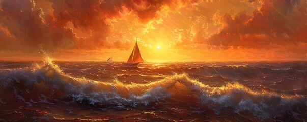 Wall Mural - A classic oil painting of a dramatic sunset over a vast ocean, with waves crashing against the shore and a lone sailboat silhouetted against the sky.