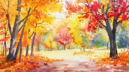 Wall Mural - vibrant autumn park with colorful yellow red and orange leaves on branches watercolor painting