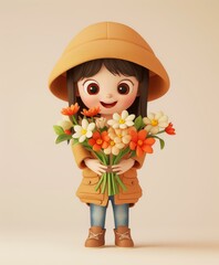 Wall Mural - A cartoon girl holding a bouquet of flowers in her hands. AI.