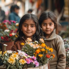 Wall Mural - Two girls standing next to each other in front of a basket full of flowers. AI.