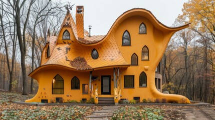 Canvas Print - A yellow house with a very strange design in the woods. AI.