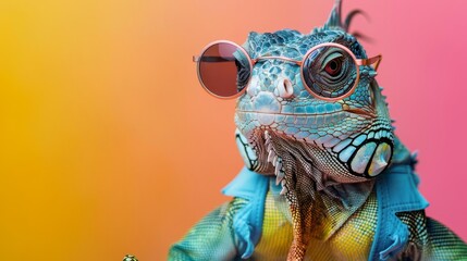 Wall Mural - Image of stylish Iguana in trendy sunglasses and outfit looking at camera against two colored background, Copyspace