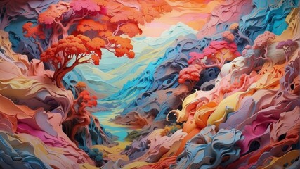 Canvas Print - A painting of a colorful landscape with trees and mountains. AI.