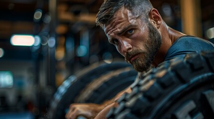 Canvas Print - A man with a beard is holding onto the barbell. AI.