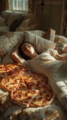 Poster - A woman laying in bed with pizza on the floor. AI.