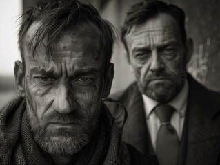 Canvas Print - Two men are looking at the camera with one man wearing a tie. AI.