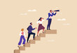 © nadzeya26 - Business Leadership Concept. Vector illustration in flat style of a group of diverse people in business  outfits walking up the steps following a leader looking ahead. Isolated on background