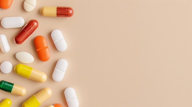 A selection of dietary supplements in vibrant colors on a beige backdrop, with plenty of copy space for promotional text, health and nutrition concept