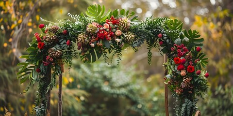 Wall Mural - Decorative Boho Wedding Arch Featuring Lush Green Plants and Vibrant Red Flowers. Concept Boho Wedding Arch, Lush Green Plants, Vibrant Red Flowers, Decorative Design, Romantic Setting