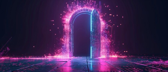 Cyberpunk Neon Portal in Digital Code Futuristic Gateway to Wireless Network with Text Space