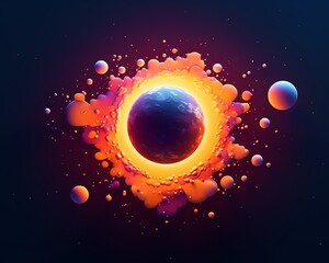 Vivid digital illustration of a cosmic explosion with a central glowing black hole and surrounding colorful nebulae and planetary objects.