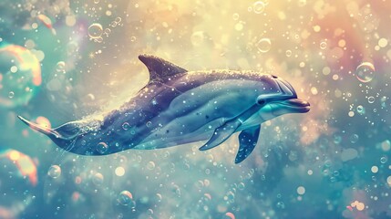 Fantasy watercolor artwork of a playful dolphin with celestial patterns swimming among enchanted bubbles