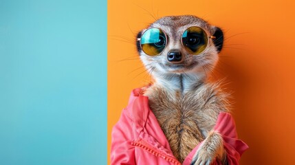 Wall Mural - Image of stylish Meerkat in trendy sunglasses and outfit looking at camera against two colored background, Copyspace