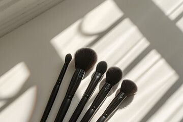 Wall Mural - set of stylish professional makeup brushes and scattered beautiful shadows, on white background