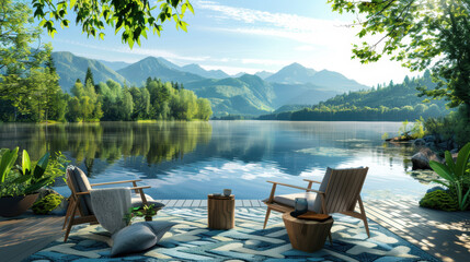 Wall Mural - A serene lake with mountains in the background and two chairs on a wooden deck