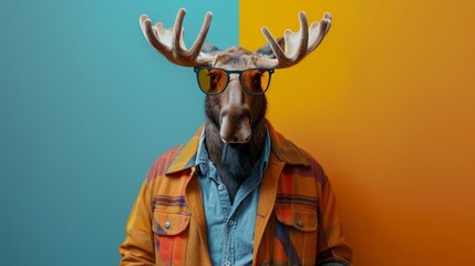 Wall Mural - Image of stylish Moose in trendy sunglasses and outfit looking at camera against two colored background, Copyspace