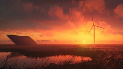 Wall Mural - windmill wind turbine and solar cell panel at sunset renewable green energy concept illustration digital art