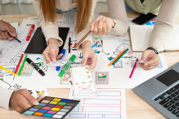 Wall Mural - a team of ui/ux web designers is working together to develop a mobile responsive website with previe
