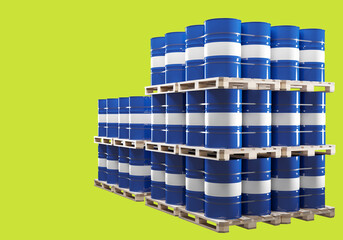 Wall Mural - Barrels for chemical products. Pallets with blue bins. Chemical barrels isolated on green. Containers for transporting liquids. Blue barrels on pallets. Tanks for chemical enterprise. 3d image