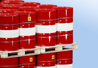 Wall Mural - Oil storage barrels. Tanks with chemical fertilizer. Metal barrels on pallets. Oil is ready for transportation. Red barrels isolated. Petroleum products for fuel production. Tanks with oil. 3d image