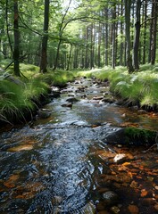 Sticker - A beautiful picture of a creek flowing through a lush green forest.