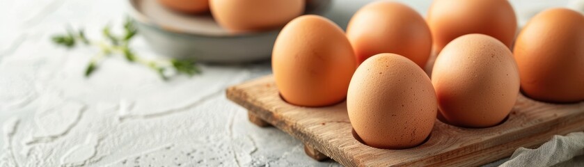 Wall Mural - Raw chicken eggs and wooden dividing board on the table.