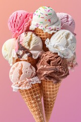 Wall Mural - A bunch of ice cream cones are piled up, with a pink background. The cones are of different flavors, including chocolate and strawberry. Concept of fun and indulgence, as if the cones are a playful