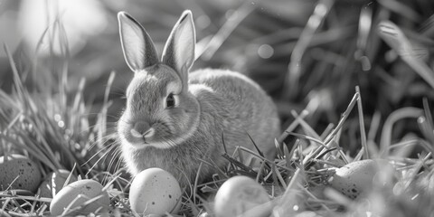 A rabbit is laying in a field of eggs. The rabbit is looking at the camera. The eggs are scattered around the rabbit, with some closer to the rabbit and others further away