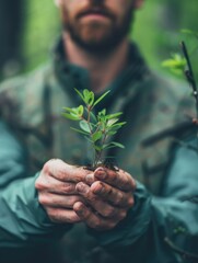 Wall Mural - A man is holding a small plant in his hands. The plant is green and he is a seedling. Concept of growth and nurturing