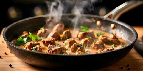 Wall Mural - Beef Stroganoff Cooking in a Pan with Steam Rising A Close-Up View. Concept Cooking Beef Stroganoff, Pan with Steam, Close-Up View, Food Photography