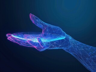 Wall Mural - Abstract 3d low poly wireframe hand holding plate in neon dark blue background. AI generated image