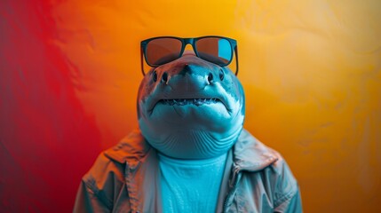 Wall Mural - Image of stylish Shark in trendy sunglasses and outfit looking at camera against two colored background, Copyspace